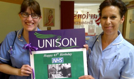 Healthworkers wishing the NHS a happy 65th birthday at Bognor War Memorial Hospital