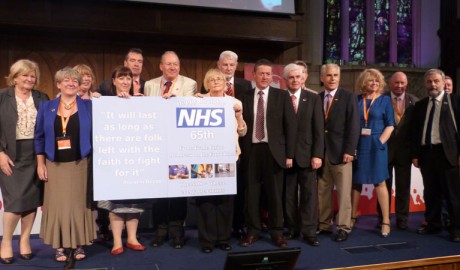 Leaders of trade unions from Northern Ireland and the Republic of Ireland celebrate the 65th birthday of the NHS at ICTU