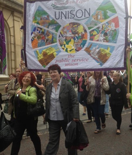 Head of local government Heather Wakefield (left) and UNISON president Maureen Le Marinel join the rally for Future Directions workers in Rochdale on 29 August