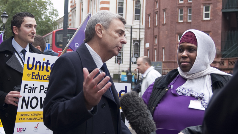 Dave Prentis giving an interview outside UCL