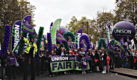 Banners and balloons at the head of the UNISON section of the Britain Needs a Pay Rise march