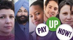 Montage of faces and pay up now logo