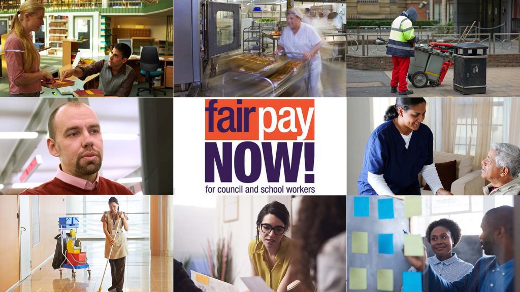 Council and school workers and the Fair Pay now logo