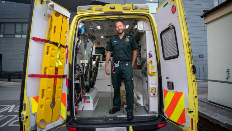 Paramedic in the back of an ambulance