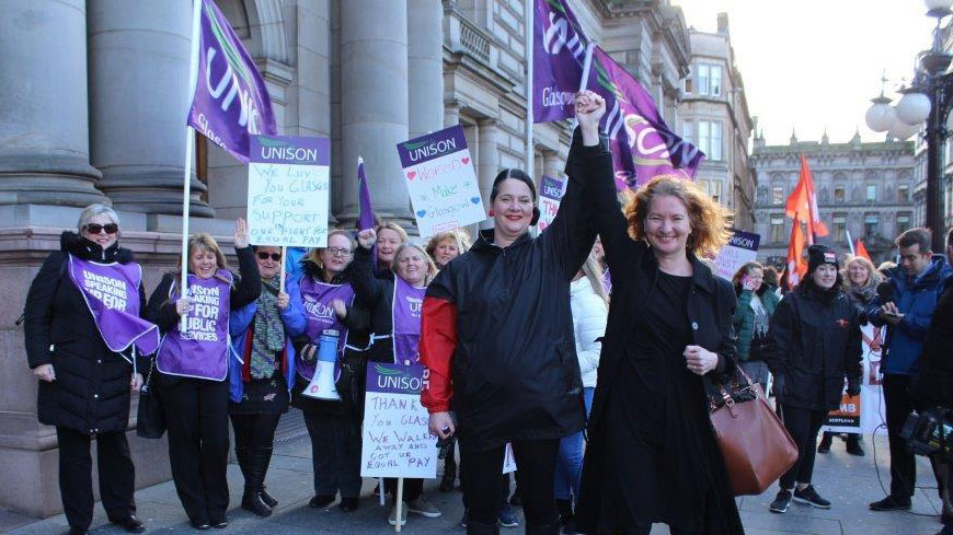 Glasgow women mark victory in equal pay fight with rally at Glasgow City Chambers