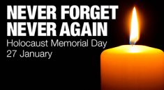 Never forget, never again Holocause Memorial Day 27 Jan text and a lighted candle