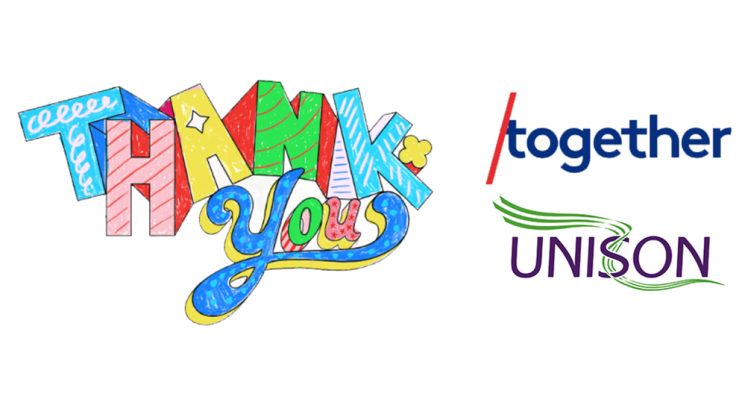Words Thank you, coloured in, plus the logos of /Together and UNISON