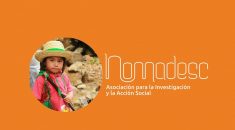 Nomadesco logo on an orange background, with a small circular picture of a Colombian girl