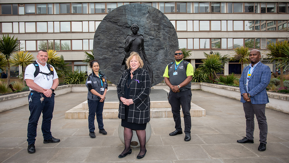 general secretary Christina McAnea with UNISON members outside a London hospital