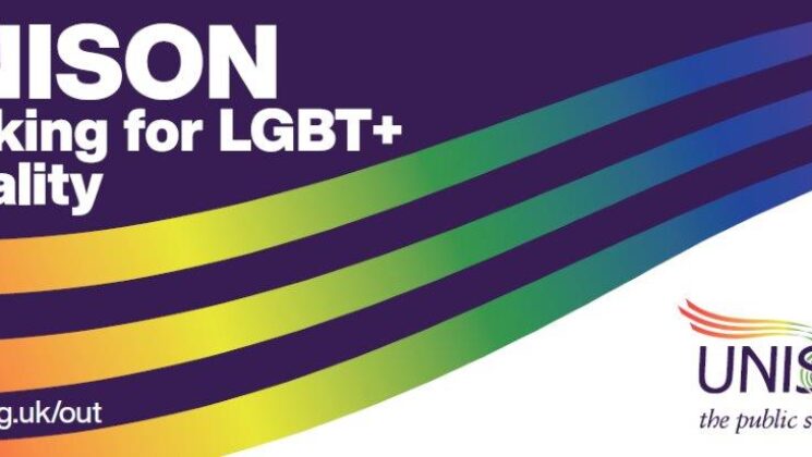 Rainbow flag with UNISON working for LGBT+ Equality