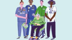 Cartoon image of a diverse group of nurses smiling and standing in a row behind a patient in a wheelchair