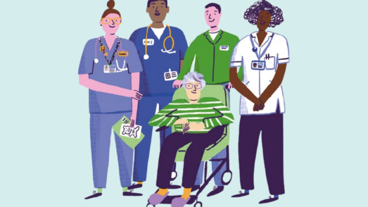 Cartoon image of a diverse group of nurses smiling and standing in a row behind a patient in a wheelchair