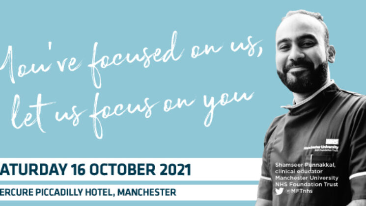 Picture of male nurse. Text detailing date of event 16 October from 10 - 4.30 in Manchester