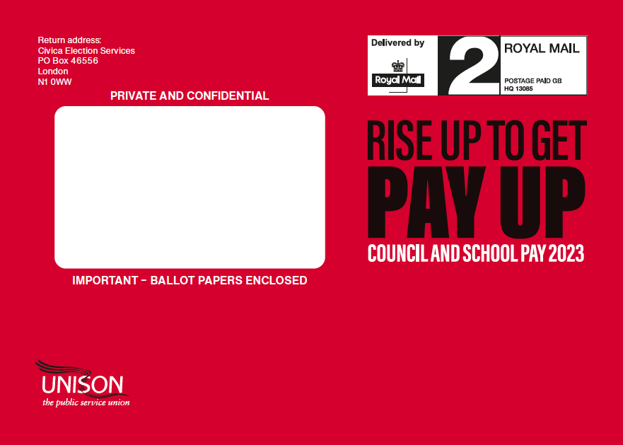 The red envelope that NJC ballot papers will arrive in. Rise up to get pay up – Council and school worker pay 2023