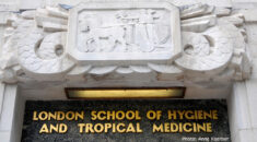 Sign above the main entrance of the London School of Hygiene and Tropical Medicine
