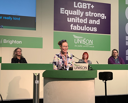 Vice president Kath Owen addressing LGBT+ conference
