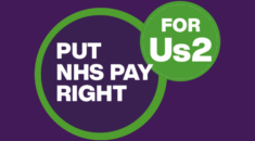 Purple background. One large circle with green outline and one smaller green circle attached to it, top right. Large circle has words 'PUT NHS PAY RIGHT' in it. Smaller circle says 'FOR Us2'