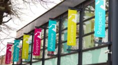 Further education college windows with banners