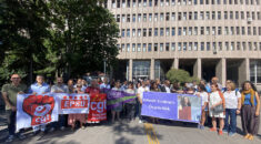 Christina McAnea and fellow trade unionists outside the court in Ankara