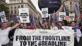 Front of the UNISON group on the TUC demo June 2022