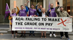 Christina McAnea and AQA strikers outside the company HQ