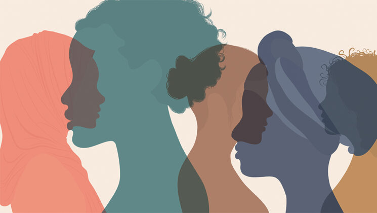 Graphic representation of five silhouette heads of diverse women
