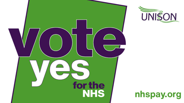 Green box with purple outline, tilted at a slight angle on a white background in the left half of the rectangle. Words 'vote yes for the NHS' in purple and white. Background is white, with UNISON logo at top right and nhspay.org in green at bottom right