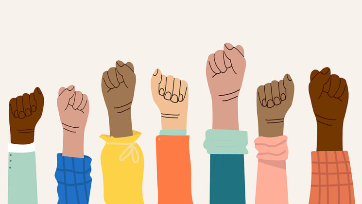 Graphic of hands and fists of diverse group of people raised in victory