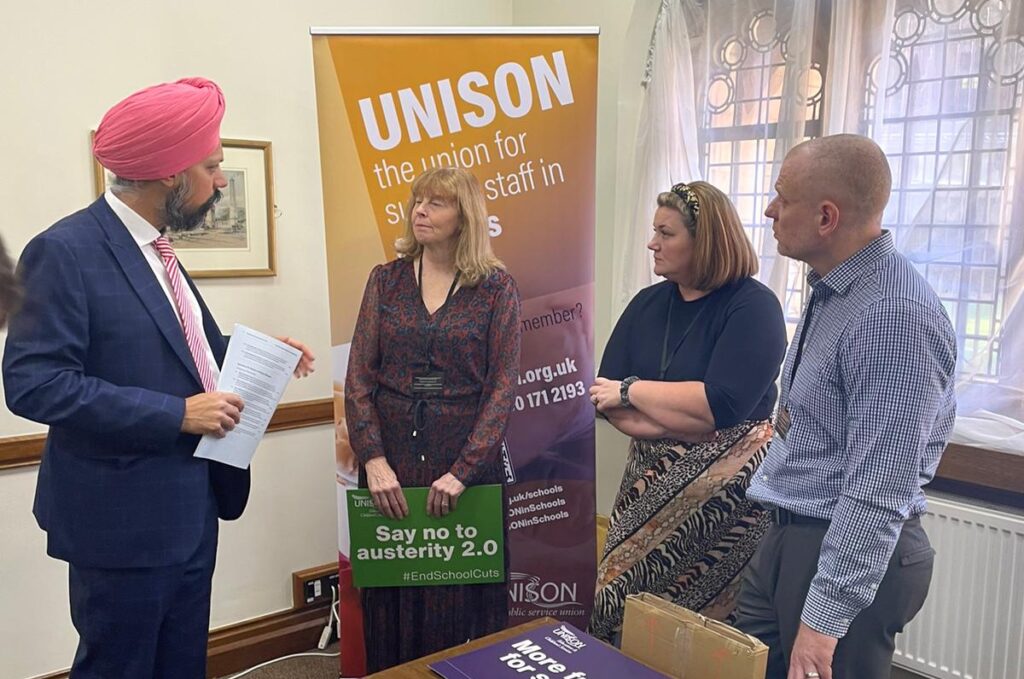 Tam Dhesi (MP for Slough) speaks to Lynne Wade (UNISON teaching assistant), Sarah Sammons (UNISON teaching assistant) and Peter Liddle (schools convenor UNISON Havering branch)