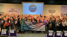 Delegates at UNISON's 2022 LGBT+ conference join together with general secretary Christina McAnea and president Andrea Egan to show support for trans rights.