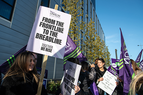 Striking health workers outside The Royal Liverpool University Hospital, Liverpool