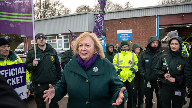 Christina McAnea on a picket line in Sheffield, with ambulance strikers, addressing the media