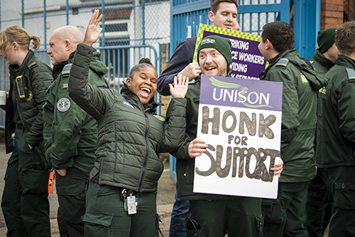 Pickets at Deptford with 'honk your support' placard