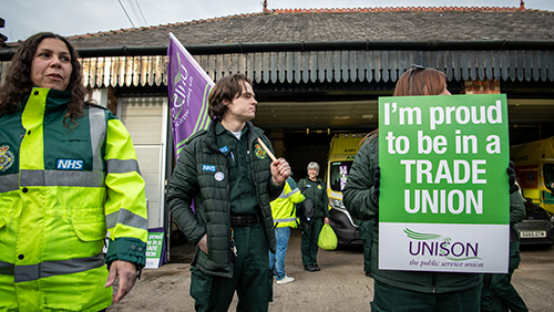 Unison members out on strike at Eccles Ambulance Station, Eccles, Manchester, 
