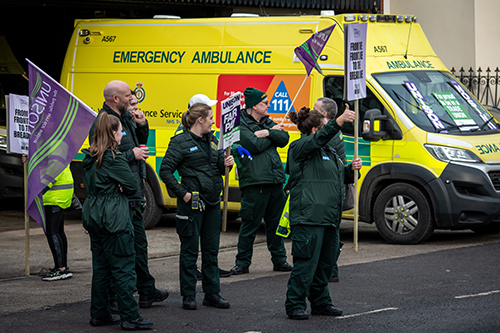 Unison members out on strike at Eccles Ambulance Station, Eccles, Manchester, UK. Photo©Steve Forrest/Workers’ Photos