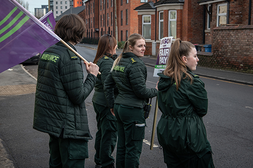 Unison members out on strike at Eccles Ambulance Station, Eccles, Manchester, UK. Photo©Steve Forrest/Workers’ Photos