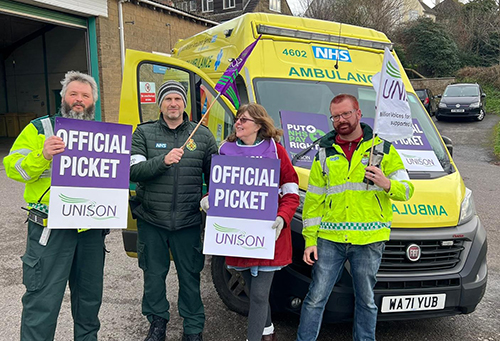 Picket line in Ilminster with an ambulance behind
