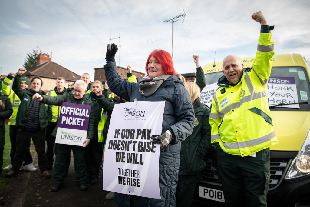 Unison members out on strike at Huyton Ambulance Station, Liverpool, UK. Photo©Steve Forrest/Workers’ Photos