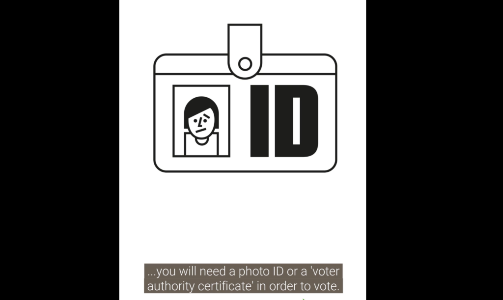 Graphic of an ID badge from an animated film with the text "...you will need a photo ID or a 'voter authoritv certificate in order to vote."