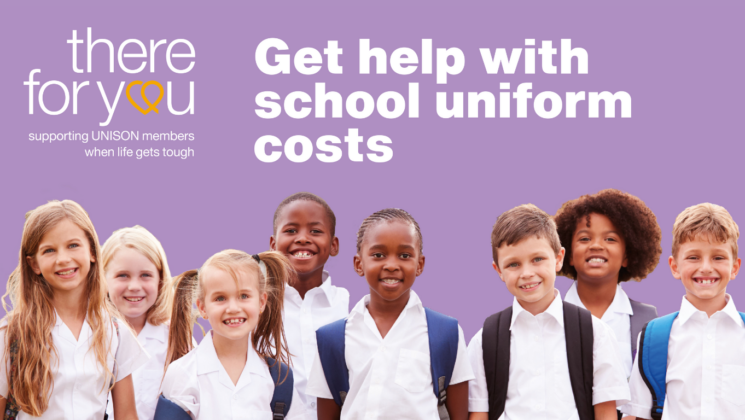 Get help with school uniform costs. There for You – supporting UNISON members when life gets tough. Eight primary school children in uniform smile at the camera.