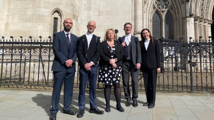 Christina McAnea and UNISON legal team stand outside the Royal Courts of Justice