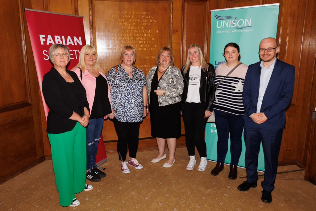 Christina McAnea (centre) with 5 UNISON care workers from the North West and Gavin Williams (right)