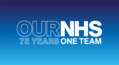 Graphic with the words 'Our NHS' on one line, with '75 years' and 'one team' below. All capital letters in either solid white or white outline, on a blue background that fades from dark blue at the top to light blue.