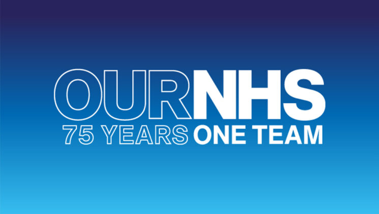 Graphic with the words 'Our NHS' on one line, with '75 years' and 'one team' below. All capital letters in either solid white or white outline, on a blue background that fades from dark blue at the top to light blue.