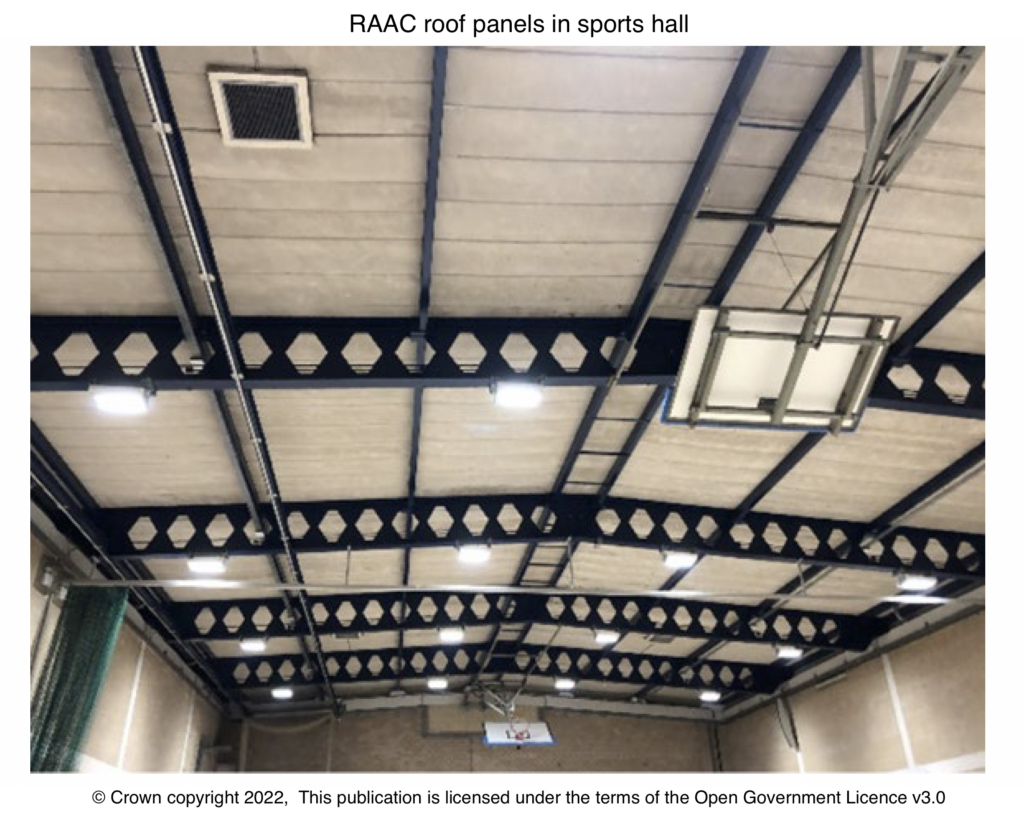 Example of RAAC panels in ceiling A piece of RAAC against a rule © Crown copyright 2022 This publication is licensed under the terms of the Open Government Licence v3.0