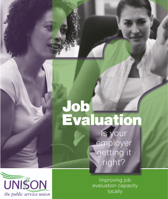 Cover of UNISON JE Booklet. Office scene with text - "Job Evaluation - is your employer getting it right?"