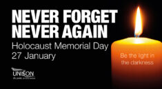 Graphic for Holocaust Memorial Day with the words 'Never forget, never again in white capitals on a black background, with a candle to the right