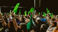 Conference delegates hold up green voting cards. Credit to Rosie Powell