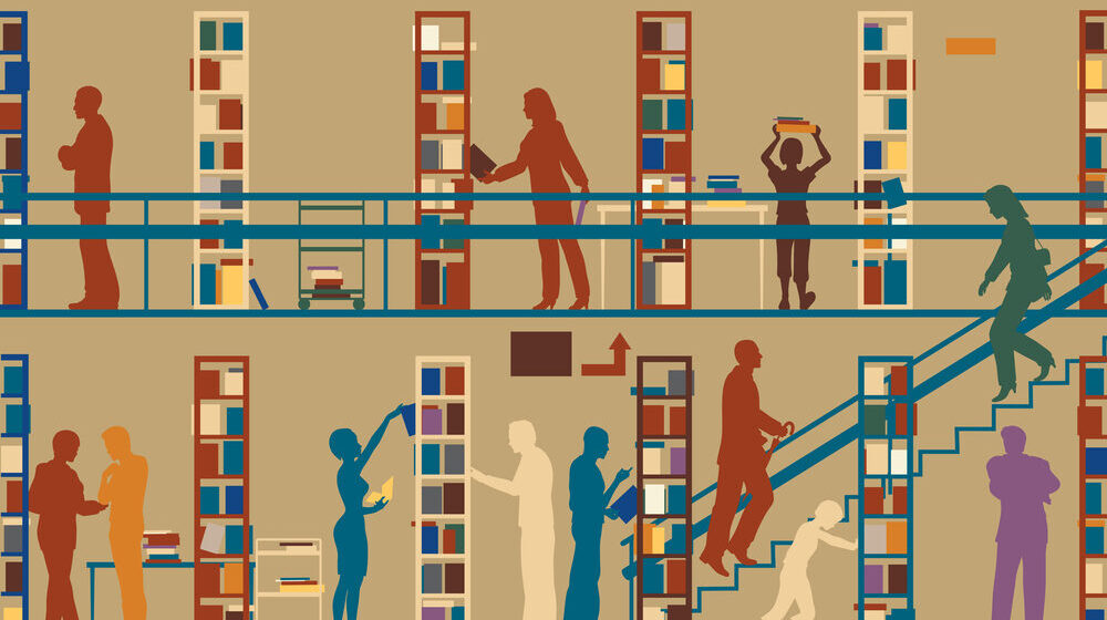 Graphic of people working in a library