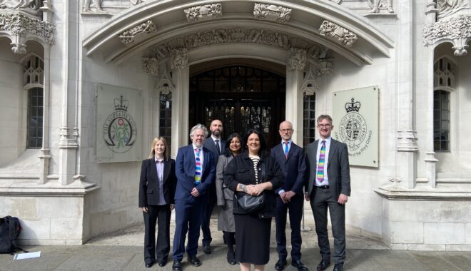 UNISON member Fiona Mercer and UNISON's legal team outside the Supreme Court after minimum service level agreement legal win